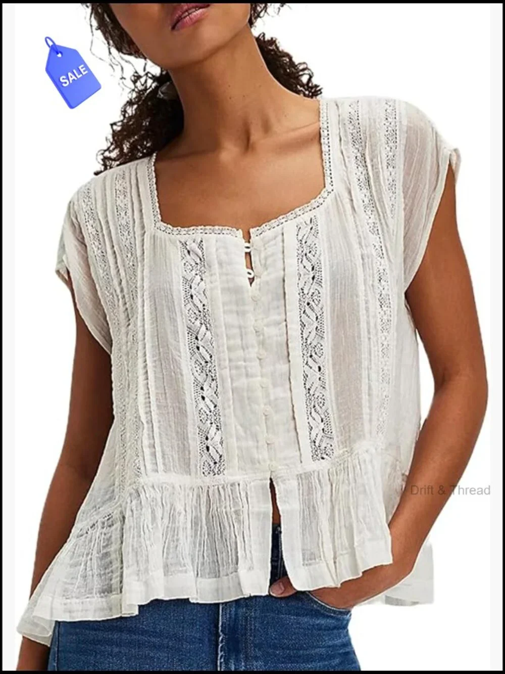 Semi Sheer Button Down Blouse Square Neck Lace Ruffle Cap Sleeve Crop Top - Picture 1 of 6
